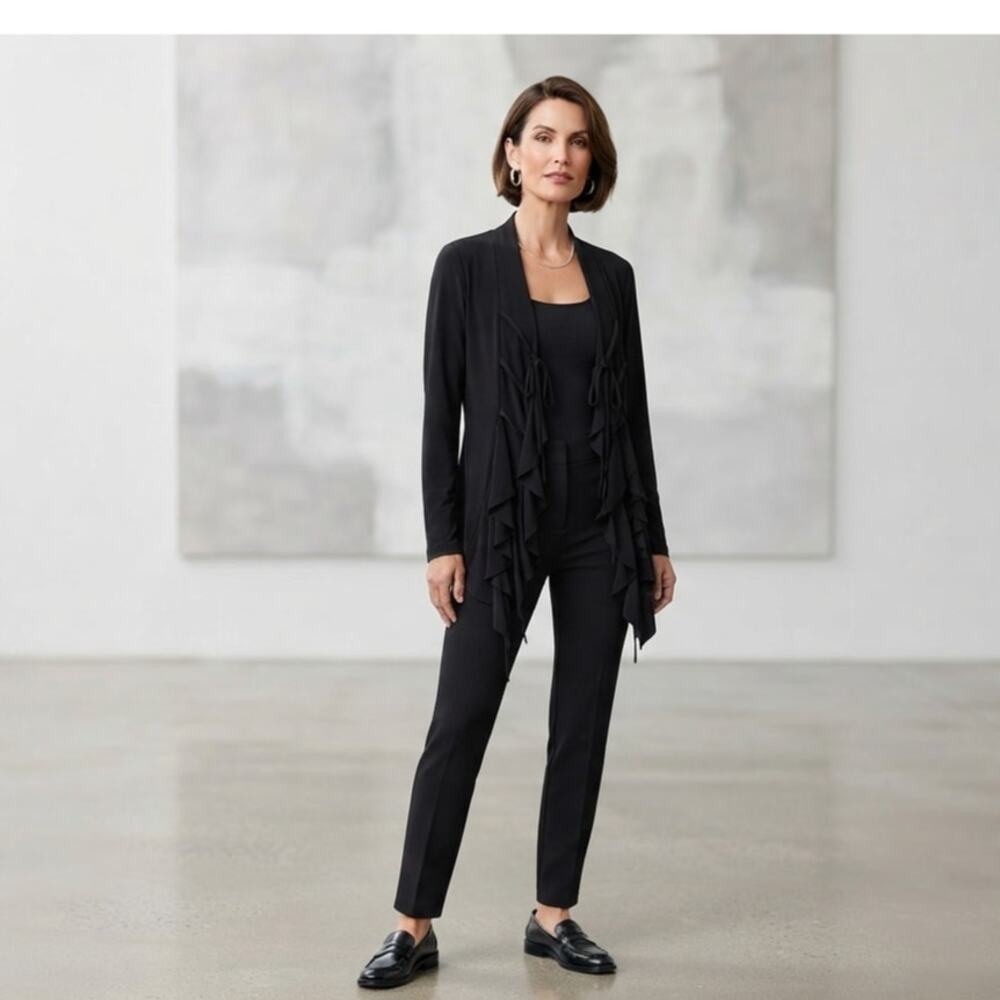 Sympli Black Cascade Ruffle Open Front Tie Cardigan Jacket Avant Garde Sz 8 EUC